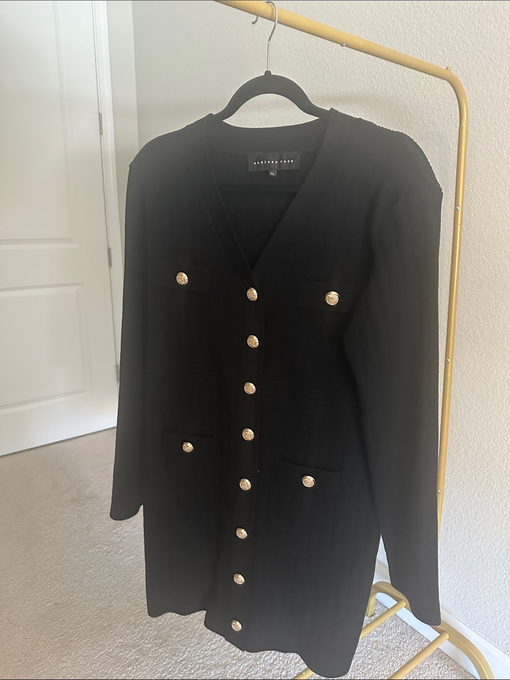 Endless Rose Black Long Blazer Style Dress with Gold Buttons